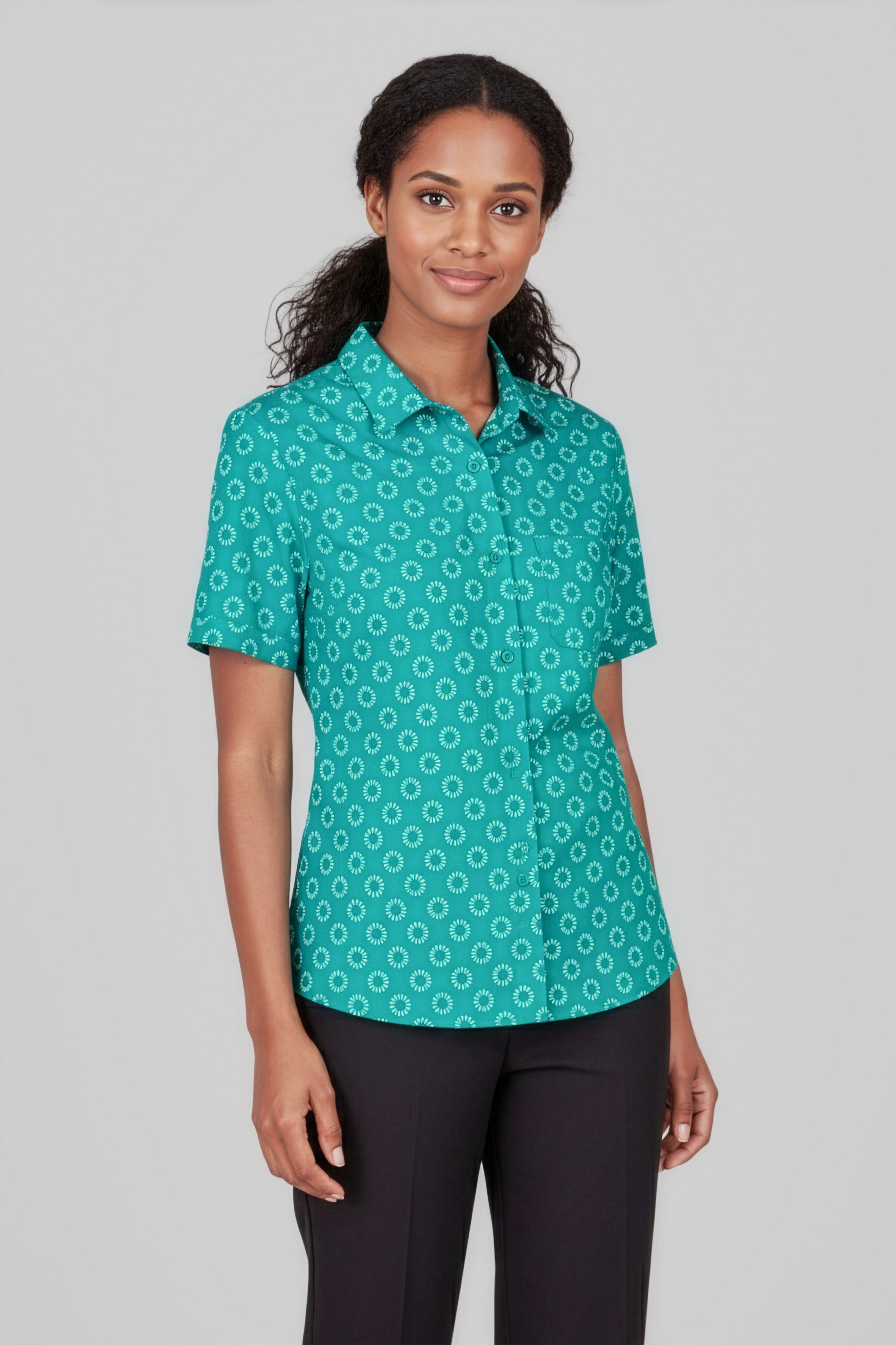 Biz Care Womens Florence Daisy Print Short Sleeve Shirts