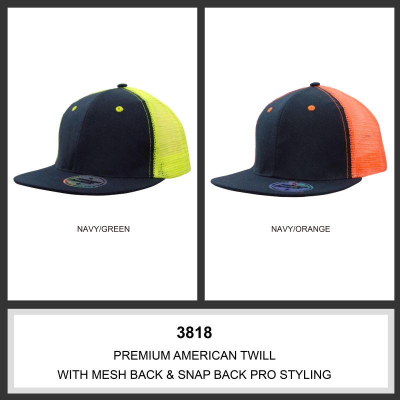 Headwear 6PNL American Twill Flat Peak Cap w/- Hi-Vis Mesh Back