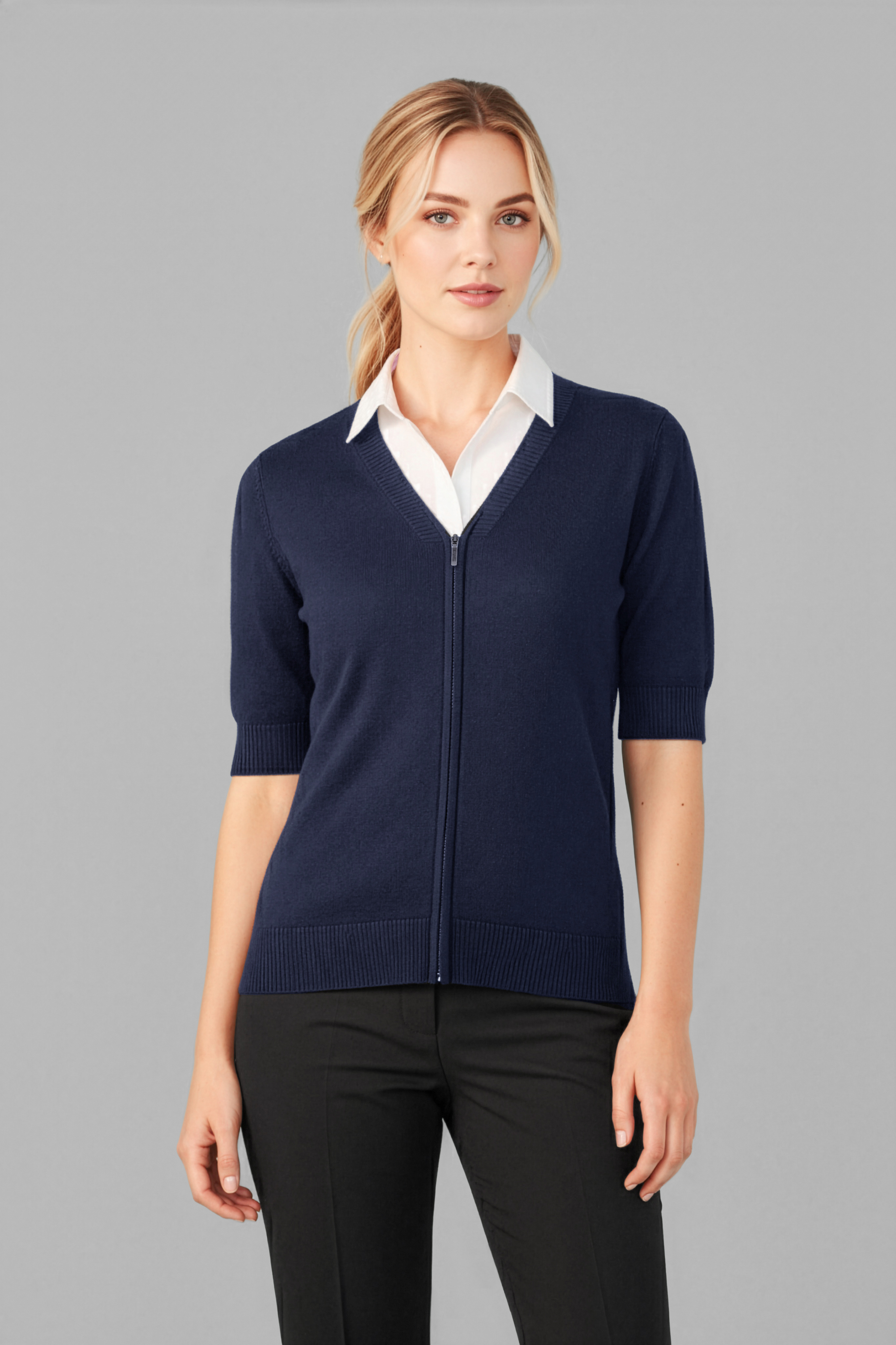 Biz Care Womens Zip Front Short Sleeve Knit
